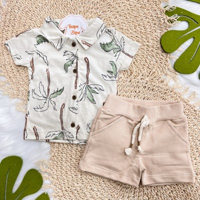 Conj. Camiseta Coqueiros Coloridos e Bermuda - Creme